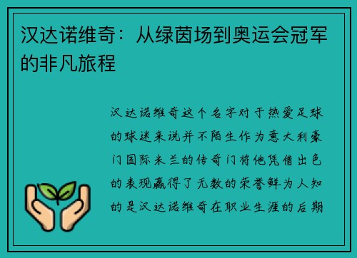 汉达诺维奇：从绿茵场到奥运会冠军的非凡旅程